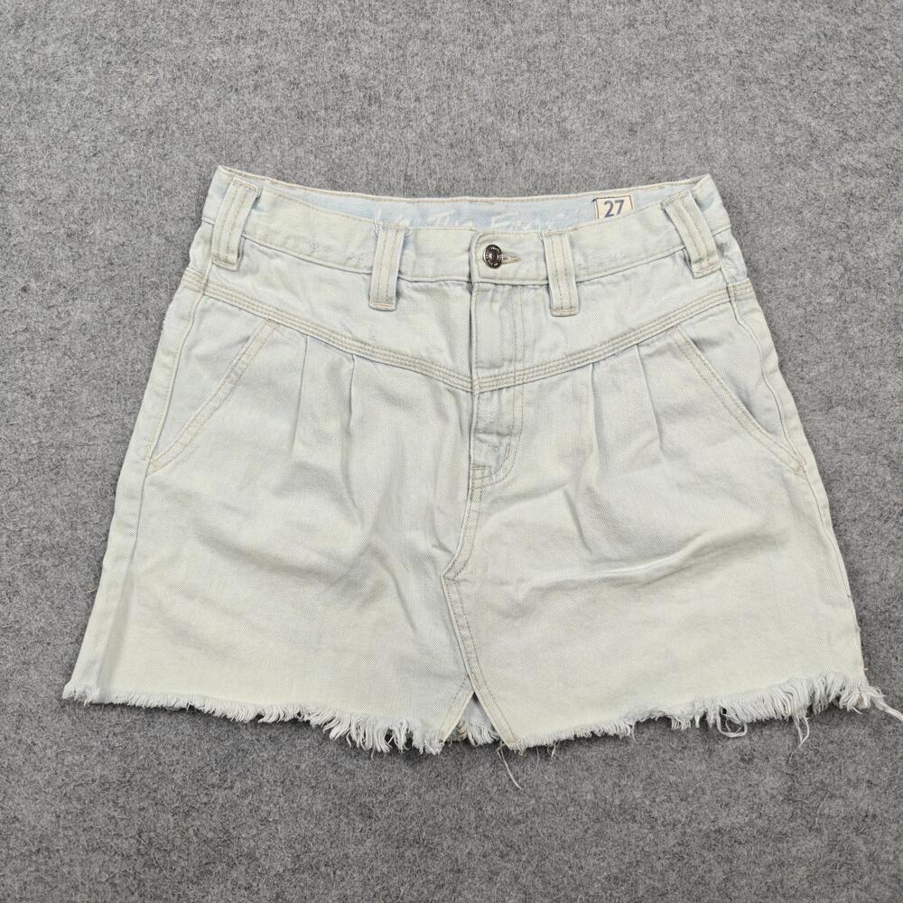 We The Free Skirt Womens 27 Blue Denim Mini Frayed Pleated Zip Pockets